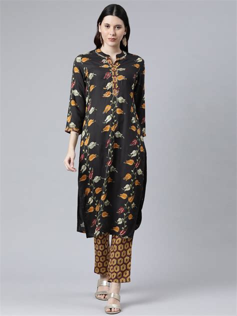Neerus Women Black Cotton Floral Printed Kurta – Neerus India