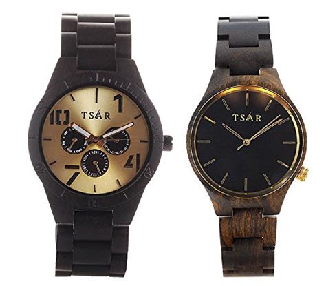 TSAR Wooden Gold & Black Dial Wood Watches- Couple's Tri Modern and ...