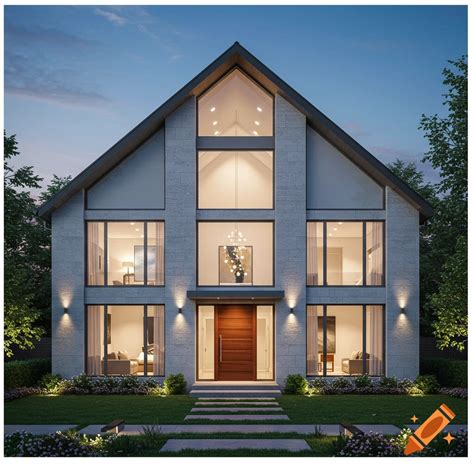 A photorealistic modern house exterior at dusk with large windows, illuminated interiors, and ...