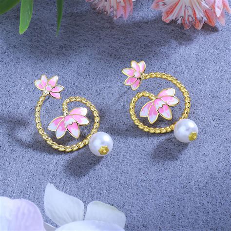 Buy Estele Gold Plated Pink Enamelled Lotus Designer Pearl Drop ...
