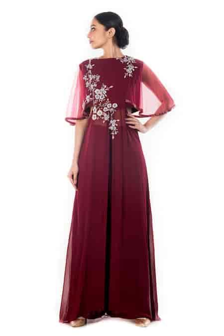 Buy Maroon Chiffon Sequins, Cut Work Round Neck Ambika And Cutdana ...