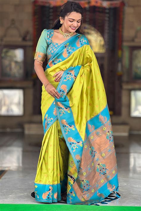 Opulent Parrot Paithani Silk Saree With Delightful Blouse Piece ...