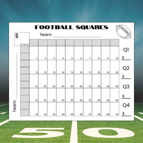 50 Squares Football Squares Game Printable, Football Fundraiser ...