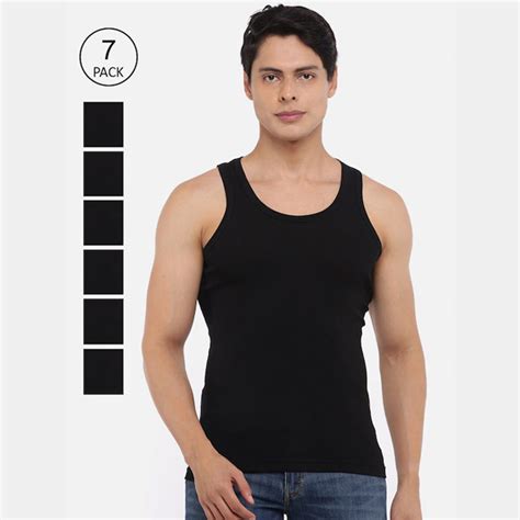 wavecolour | Men Pack Of 7 Black Solid Pure Combed Cotton Innerwear Vests