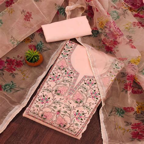 Peach Floral Sequins Embroidered Cotton Silk Dress Material