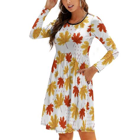 Fall Dresses for Women 2024, Maple Leaf Long Sleeve Fall Dresses Casual ...