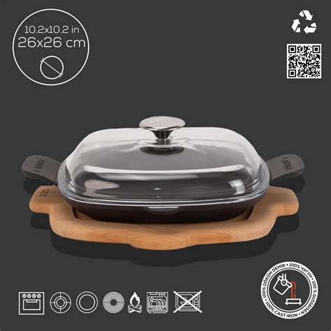 Lava Cast Iron Square Frying Pan. Dual Handle, With Wooden Platter 26X26cm.