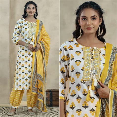 White Printed Pure Cotton Kurti Pant Set With Dupatta
