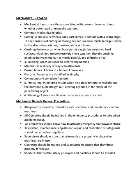 Hazards -Mechanical and Environmental - MECHANICAL HAZARDS Mechanical ...
