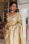 Buy Gold Silk Zari V-neck Handwoven Banarasi Saree With Unstitched ...