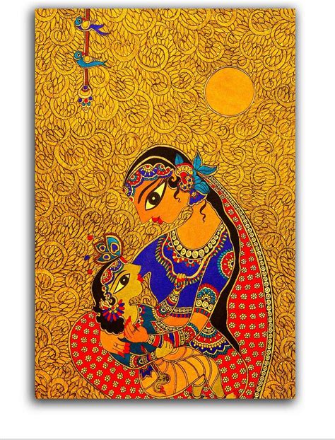Tamatina Madhubani Canvas Painting-Krishna with Devaki-Religious Canvas ...