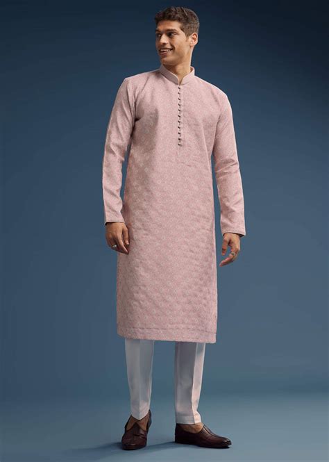 Buy Pink Jacquard Kurta Set For Men| KALKI Fashion India
