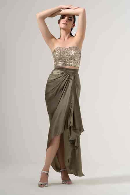 Buy Green Viscose, Satin Beads Sweetheart Neck Embroidered Bustier And ...