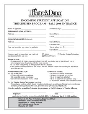 Fillable Online mnsu INCOMING STUDENT APPLICATION THEATRE BFA PROGRAM ...