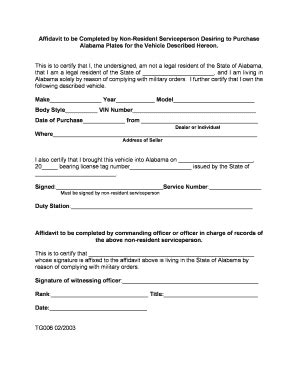 Fillable Online Affidavit for Non-Resident Serviceperson Vehicle ...