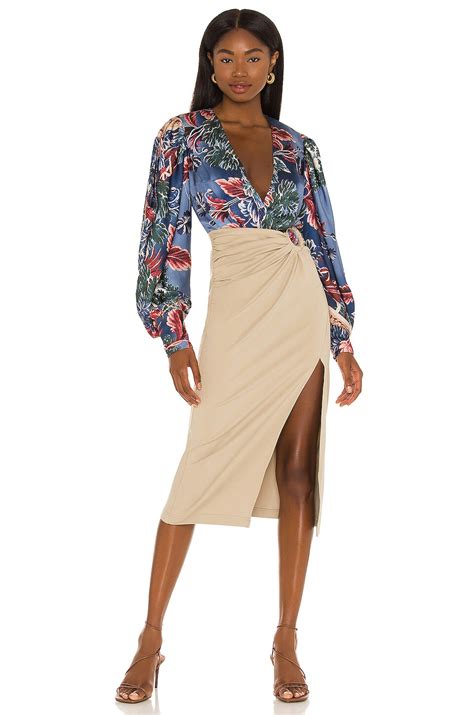 PatBO Gilly Print Plunge Bodysuit in Blue | REVOLVE
