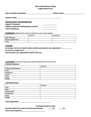 Fillable Online ncmissouri Annual Budget Request Form - North Central ...
