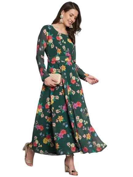Buy BLACK SCISSOR Floral Print Dark Green Georgette Gown with Belt for ...