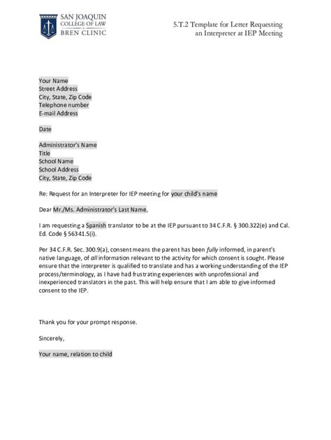 Fillable Online 5.T.2 Template for Letter Requesting an Interpreter at ...