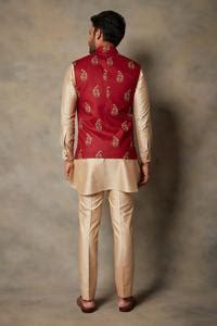 Buy Red Linen, Cotton Silk Geometric Floral Print Bundi And Kurta Set ...