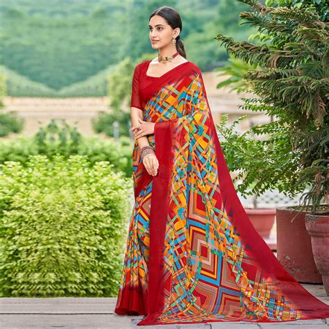 Red Geometric Printed Chiffon Saree