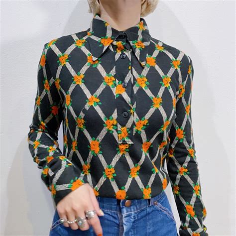 70s black and orange flower printed long sleeves shirt【255】 | LEMON