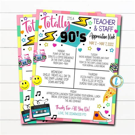 Teacher Appreciation Week Itinerary Retro Throwback 80s 90s Theme Old