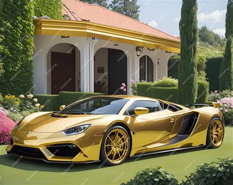 Premium AI Image | Golden sport car in house garden
