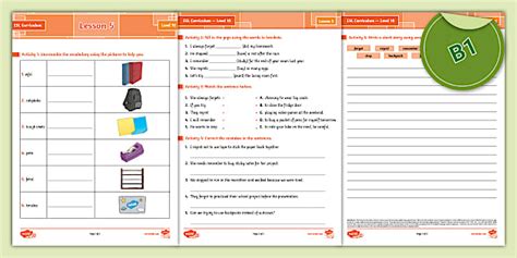 ESL Curriculum Level 10, Lesson 5 Activity Sheet on Twinkl