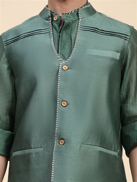 Chanderi Silk Men Jacket - Green – Charkha Tales