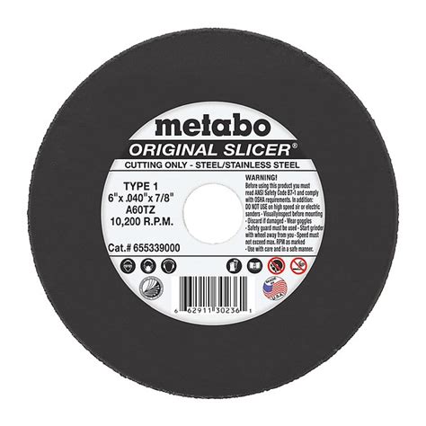 Metabo Abrasive Cut-Off Wheel, Type 1, 6 in Dia, 0.04 in Thick, 7/8 in ...