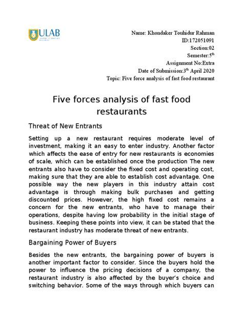 Image result for Five Forces Model Example Restaurants