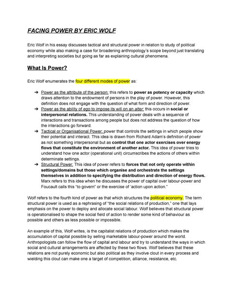 FACING POWER BY ERIC WOLF - What Is Power? Eric Wolf enumerates the ...