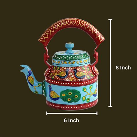 Hand Painted Aluminum Tea Kettle With Peacock Design - Oxyroots Handicraft