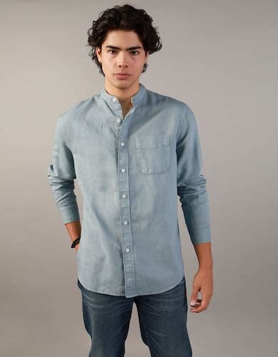 Buy American Eagle Men Blue Band Collar Linen Button-Up Shirt Online