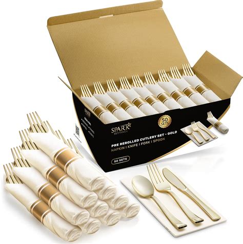 Gold Plastic Silverware, 50 Pre Rolled Napkin and Cutlery Set, Elegant ...