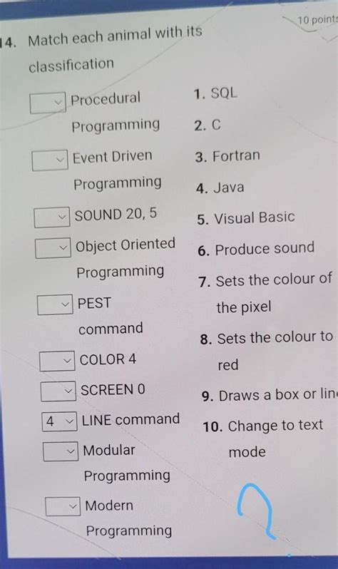 10 points 14. Match each animal with its classification 1. SQL ...