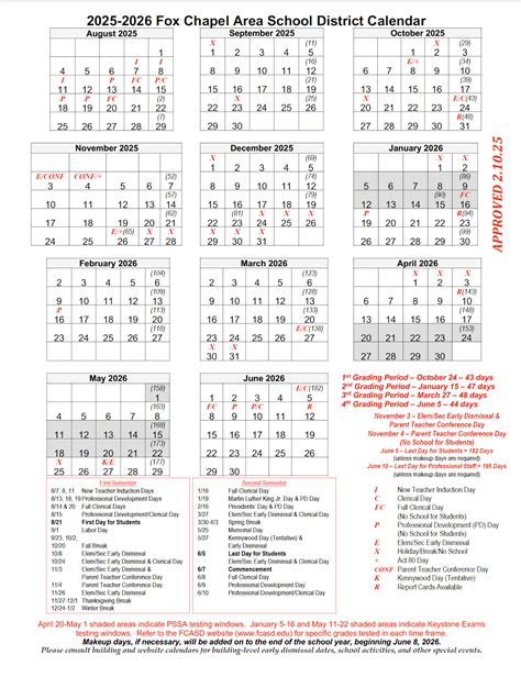 2025-2026 District Calendar - Fox Chapel Area School District