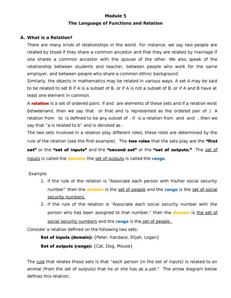 Ag114rk.=dp r=3s9 - Djdjskksms - Module 5 The Language of Functions and Relation A. What is a ...