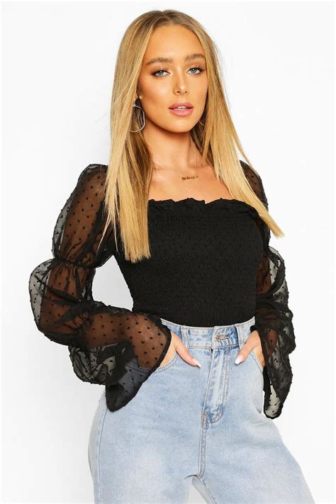Black Polka Dot Shirred Square Neck Crop Top | boohoo UK