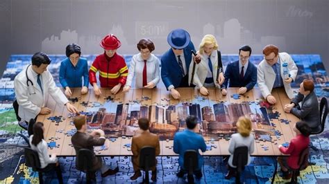 Group of miniature people assembling jigsaw puzzle business teamwork ...