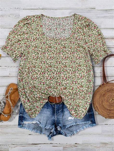 Linhara Plus Size Boho Women's Puff Sleeve Shirt With Ditsy Floral ...