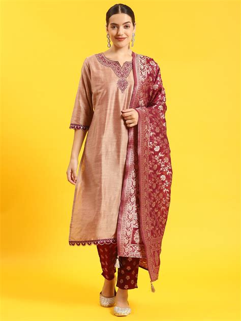 Beige Embroidered Kurta Trouser Dupatta at Low Cost at SHREE