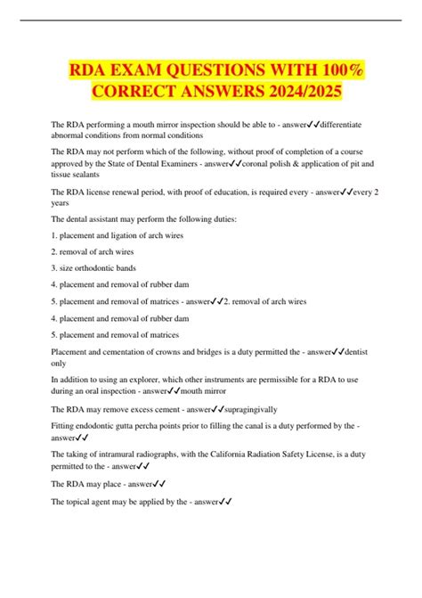 RDA EXAM QUESTIONS WITH 100% CORRECT ANSWERS 2024/2025 - RDA - Stuvia US