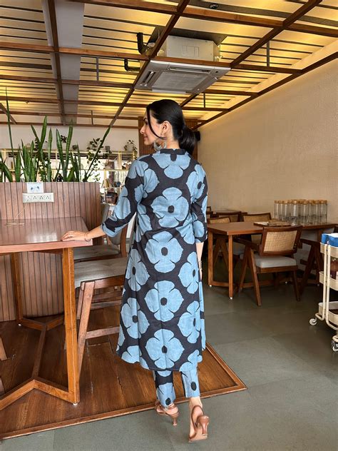 Buy Dramatic Duality Black Hand Block Print A-Line Kurti Pant Set ...