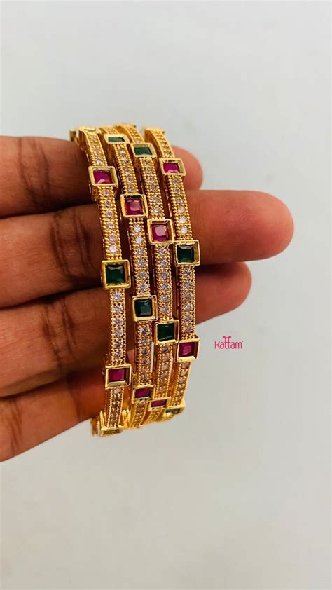 American Diamond Pink Green Bangle Set of 4 - Kattam