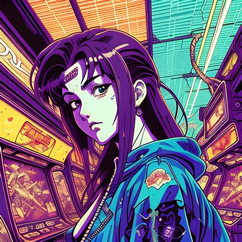 Vintage 90's anime style environmental of a chaotic arcade at night ...