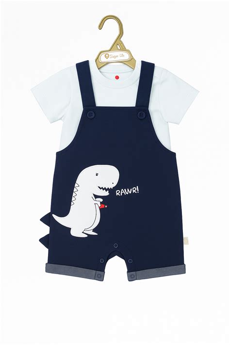Roar Dino Organic Dungaree & Short Sleeve T-Shirt Set - Blue