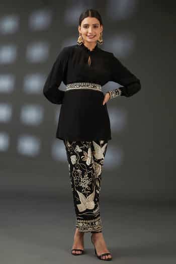 Buy Black Crepe Embroidery Keyhole Neck Solid Top And Pant Set For ...