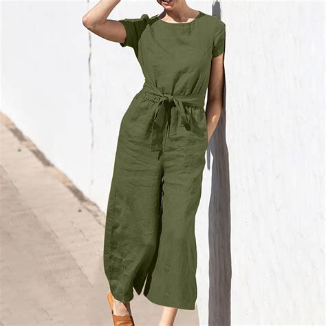 Xysaqa Jumpsuits for Women Casual, Womens Casual Short Sleeve Linen ...